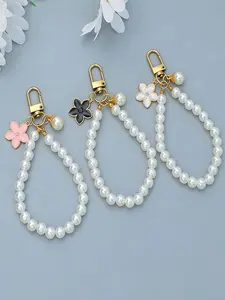 New Pearl Flower Beaded Charm Phone Case Keychain Pendant Accessory for Women, Casual Style, All Seasons, Random Print