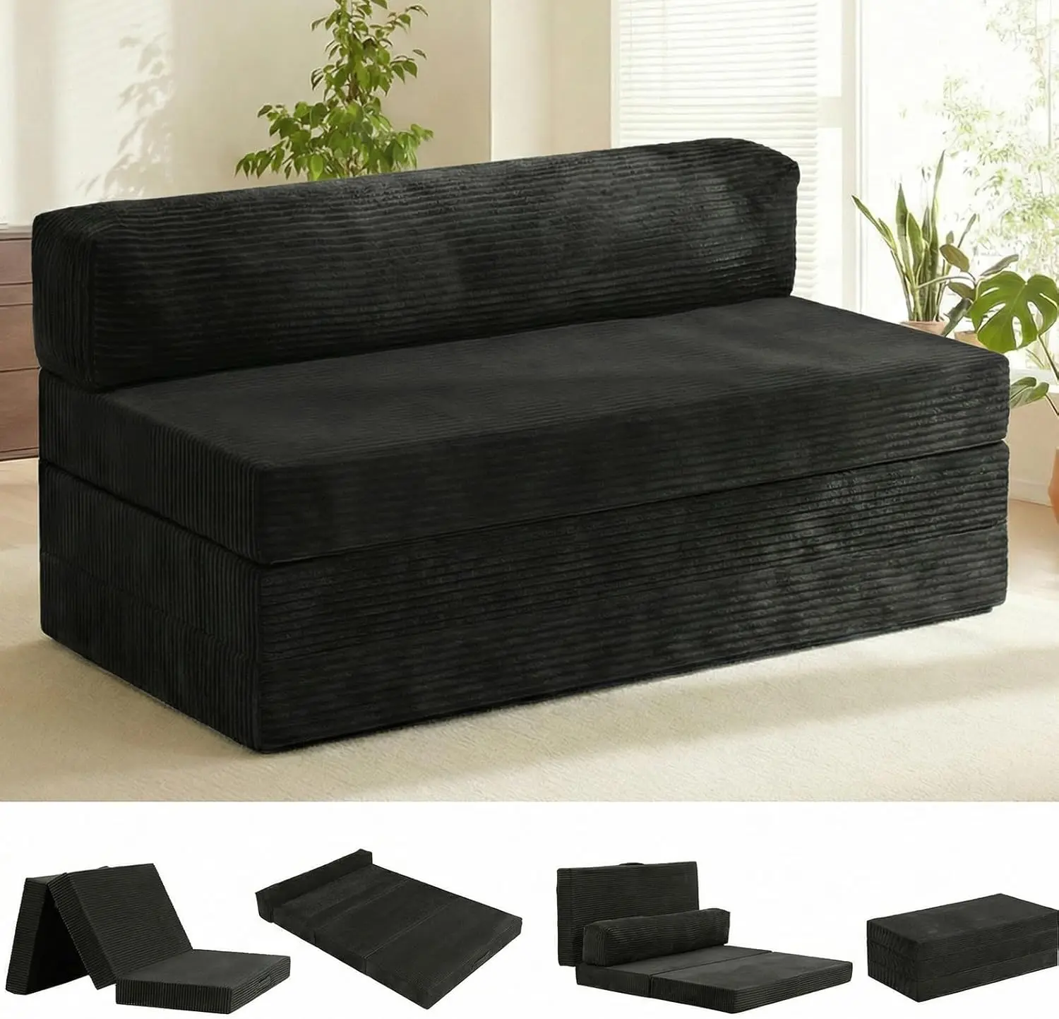 5-in-1 Convertible Sofa Bed, Boneless Couch Loveseat Sleeper with Removable Cushions & Washable Cover, Futon Sofa Bed with Handle, Pull Out Couch for Small Spaces