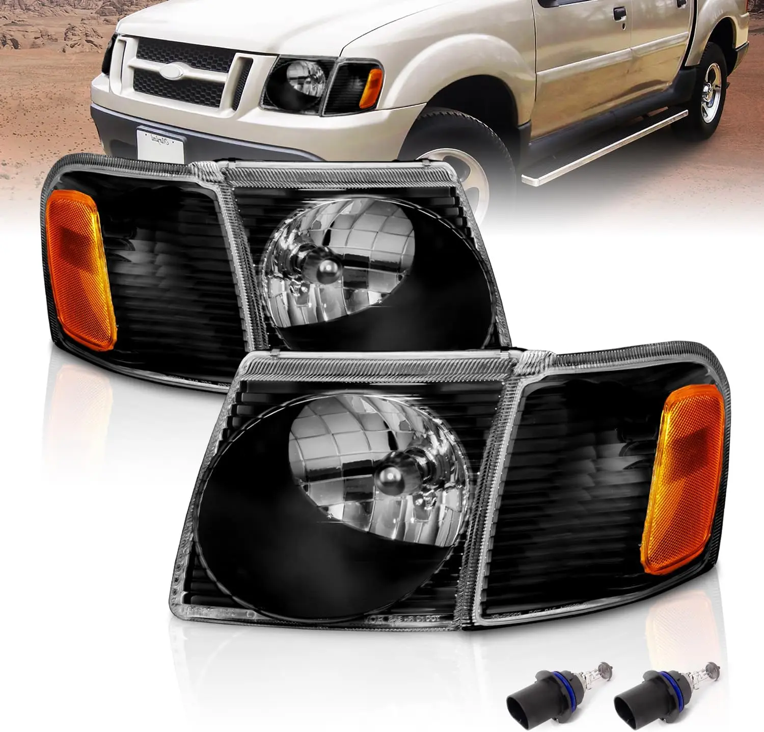 AmeriLite for 2001-2005 Ford Explorer Sport Trac Crystal Black Replacement Headlights with Corner Lamp Set - Passenger and Driver Side