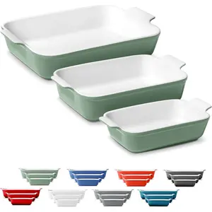 Stoneware Casserole Dish Bakeware Set of 3 | Rectangular Dinnerware Set with Handles [Sage Green]