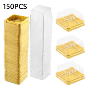 150 Set Clear Mooncake Box, Individual Mini Cupcake Boxes Container Plastic Transparent Mooncake Box Cake Cookies Muffins Box Wedding Birthday Gift Box, Square Gold
