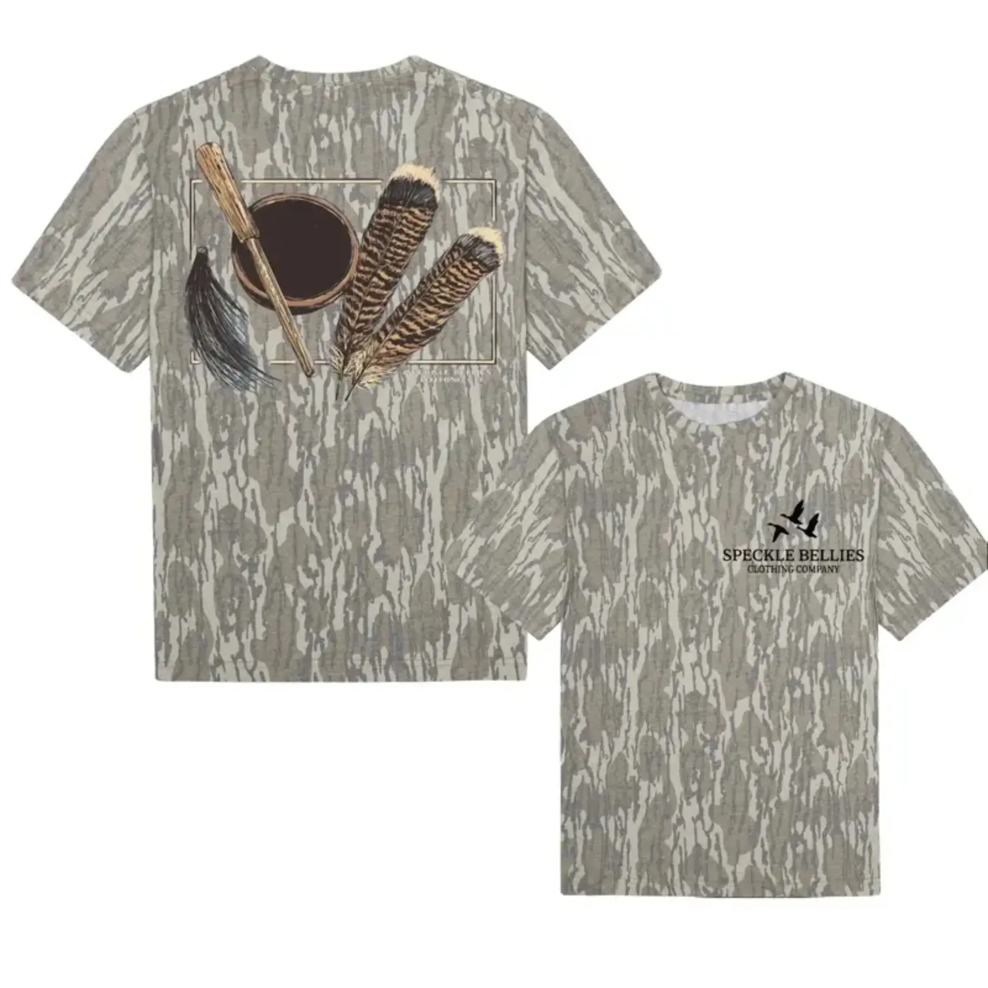 Turkey Tools Speckle Bellies Outdoors Bottomland Washed Out Mossy Oak Tee - Men's Hunting Camo Shirt, Soft Stretch Cotton, Full Size S-5XL