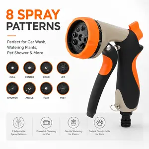 Garden Hose Nozzle High Pressure, Metal Water Sprayer with 8 Spray Patterns & Flow Control, Heavy Duty for Lawn, Plants, Car Wash & Pet Shower