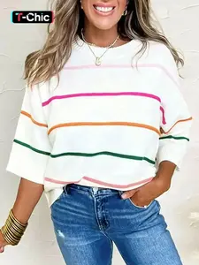 Autumn Winter New Design Colorblock Striped Drop Shoulder Sweater, Casual Loose Knit Pullover Top, Elegant Rainbow Stripe Women's Fashion Knitwear