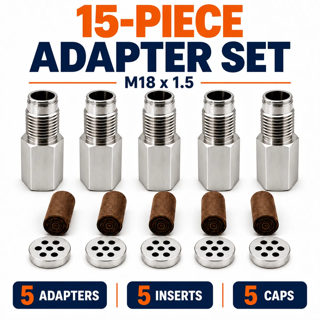 M18×1.5 thread adapter set, 15 pieces, including 5 stainless steel adapters, 5 inner cores, and 5 end caps, with an extended hex body.