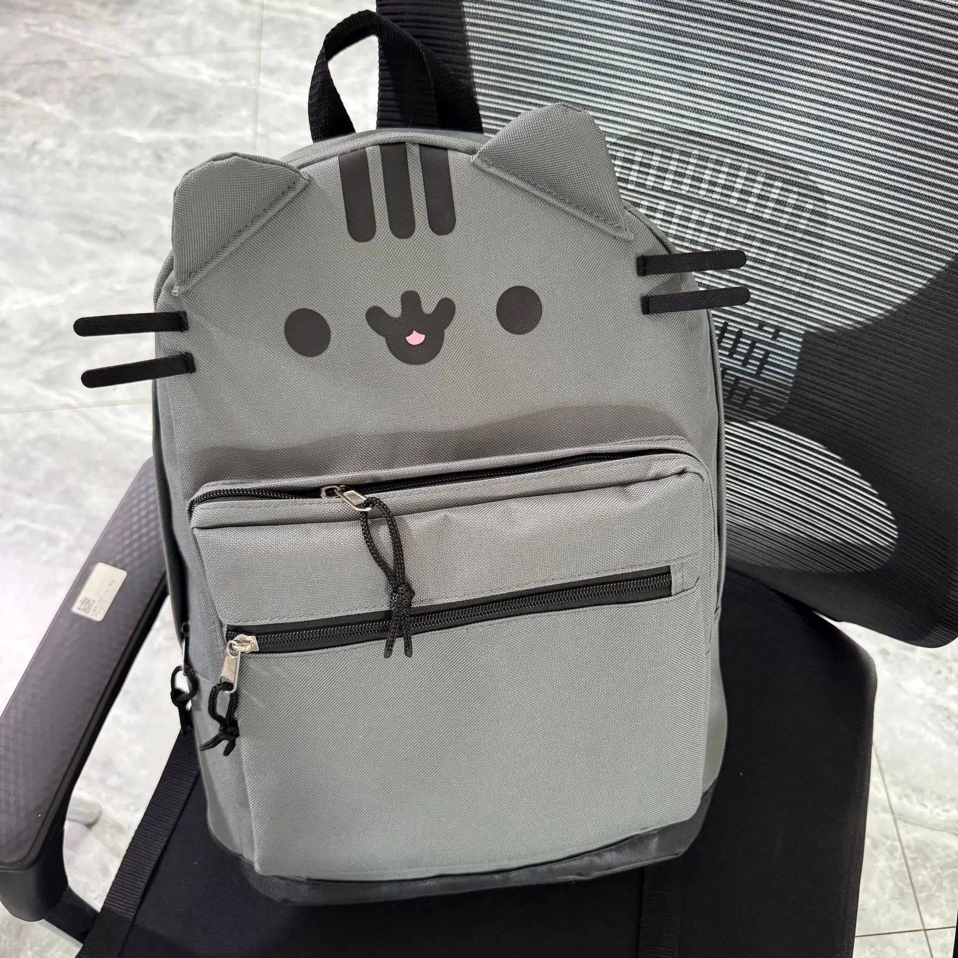 Gray Cute 3D Cat Ear Graphic Backpack Casual Laptop Backpack Kawaii Travel Bag