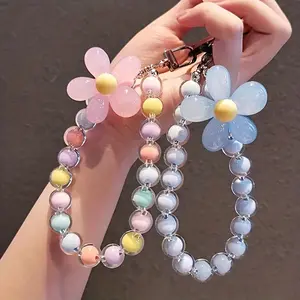 Marble Color Beaded Flower Phone Strap, Phone Charms, Handmade Wooden Bead Chain Bracelet, Korean Style Trendy Mobile Accessories, Unique Design for Women