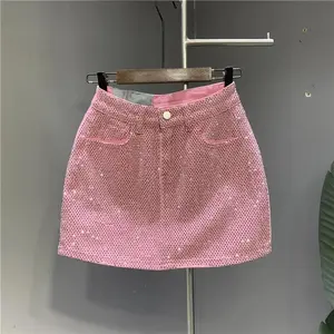 Heavy Industry  Drilling High-End Denim Skirt  And Summer  High Waist Pink Sexy A-Word Skirt