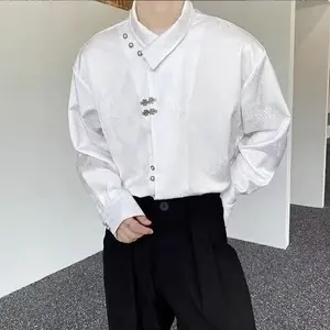 Guochao new Chinese-style metal disc-button stand-up collar long-sleeved shirt for men and women, yuppie satin jacquard couple loose shirt