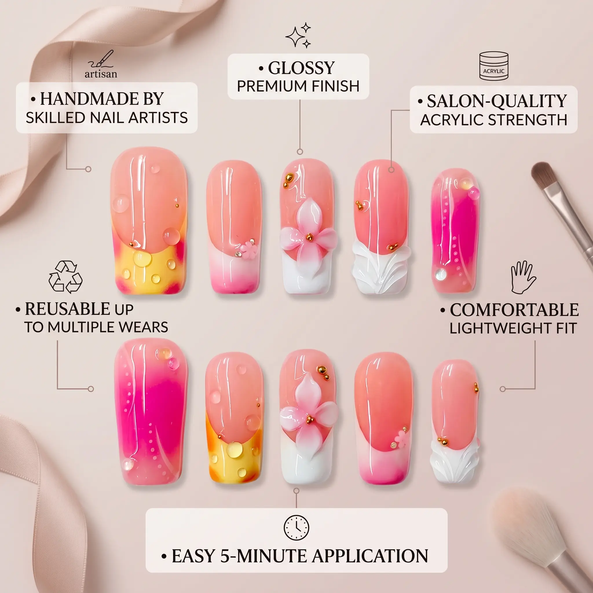 NailBeeBee Z86 Press-On Nails, Handmade Reusable Acrylic Nails in Glamorous Goth Street Style, Medium Square 1.0" with Charms, 10pc Manicure Set, Beauty Products, Nail Hacks