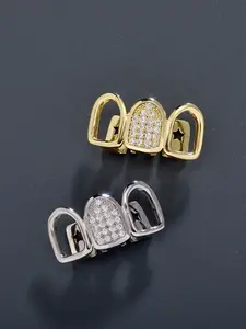 Three hollowed-out hip-hop teeth set, Tooth Gem, rap circle, street casual style, comes with dental gel, 5A zircon, stable coating.