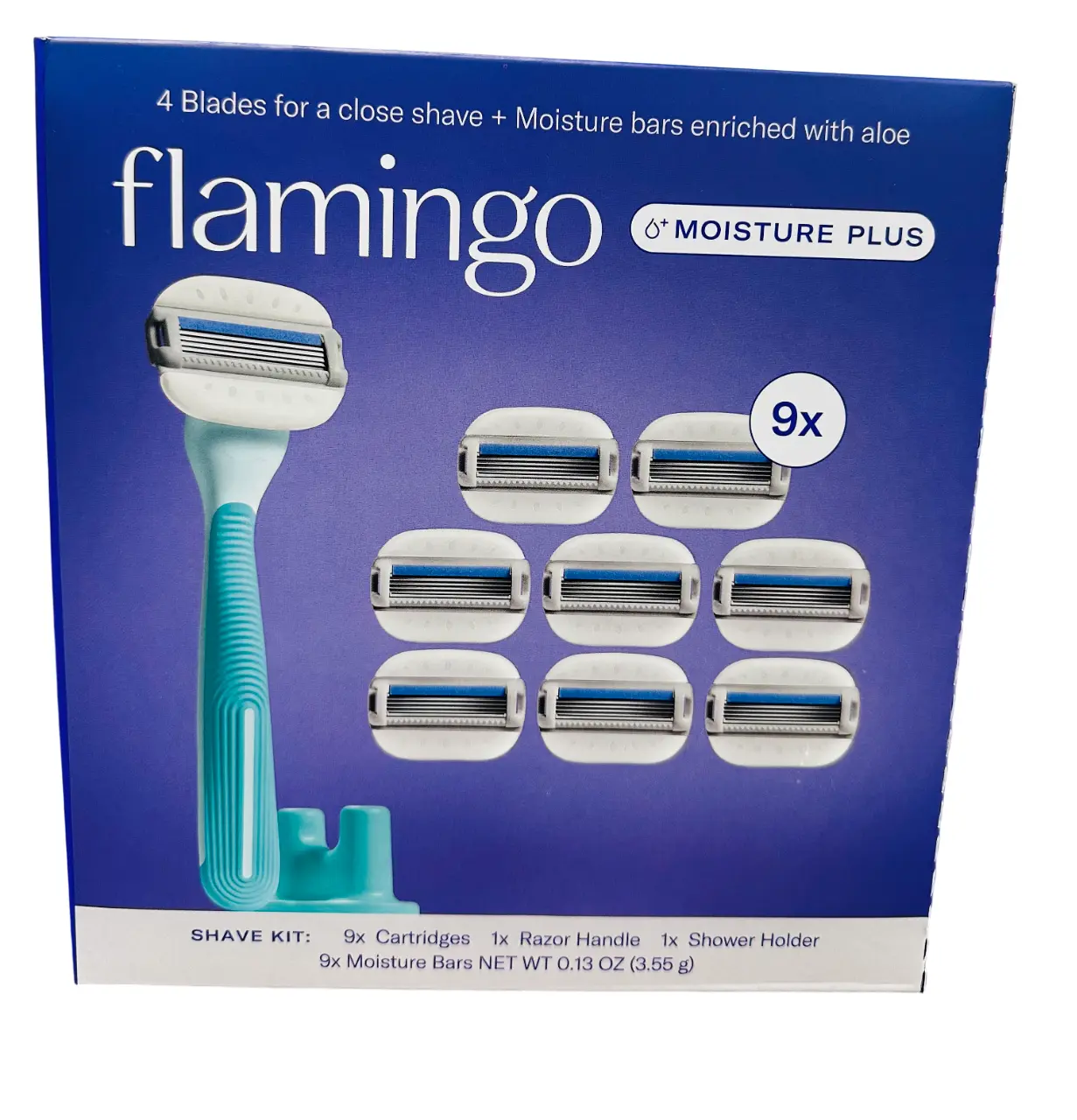 Flamingo 9ct Shave Kit,Razor Handle, 9 Cartridges & Shower Holder, 4-Blade Aloe