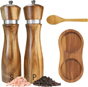 2 Pack Wooden Salt and Pepper Grinder Set:Pepper Grinder Manual,Adjustable Coarseness,Crafted of Acacia Wood with Ceramic/Stainless Steel Core,Along with Salt&Pepper Mill Tray,Spoon,Hand Tools Kits