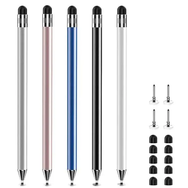 Stylus with 10 Rubber Nibs & 4 Clear Tips, 2-in-1 Stylus Pen for Touch Screen(5 Pcs), High Precision Sensitive for Drawing & Writing on iPhone/iPad/Android Tablets (Black/White/Blue/Rose Gold/Silver)