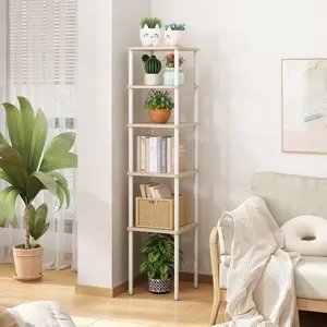 5 Tier Corner Shelf Tall Stand Shelf Corner Bookcase Display Storage Rack for Living Room Plant Stand Household Metal Organiser Adjustable Decor Mdf