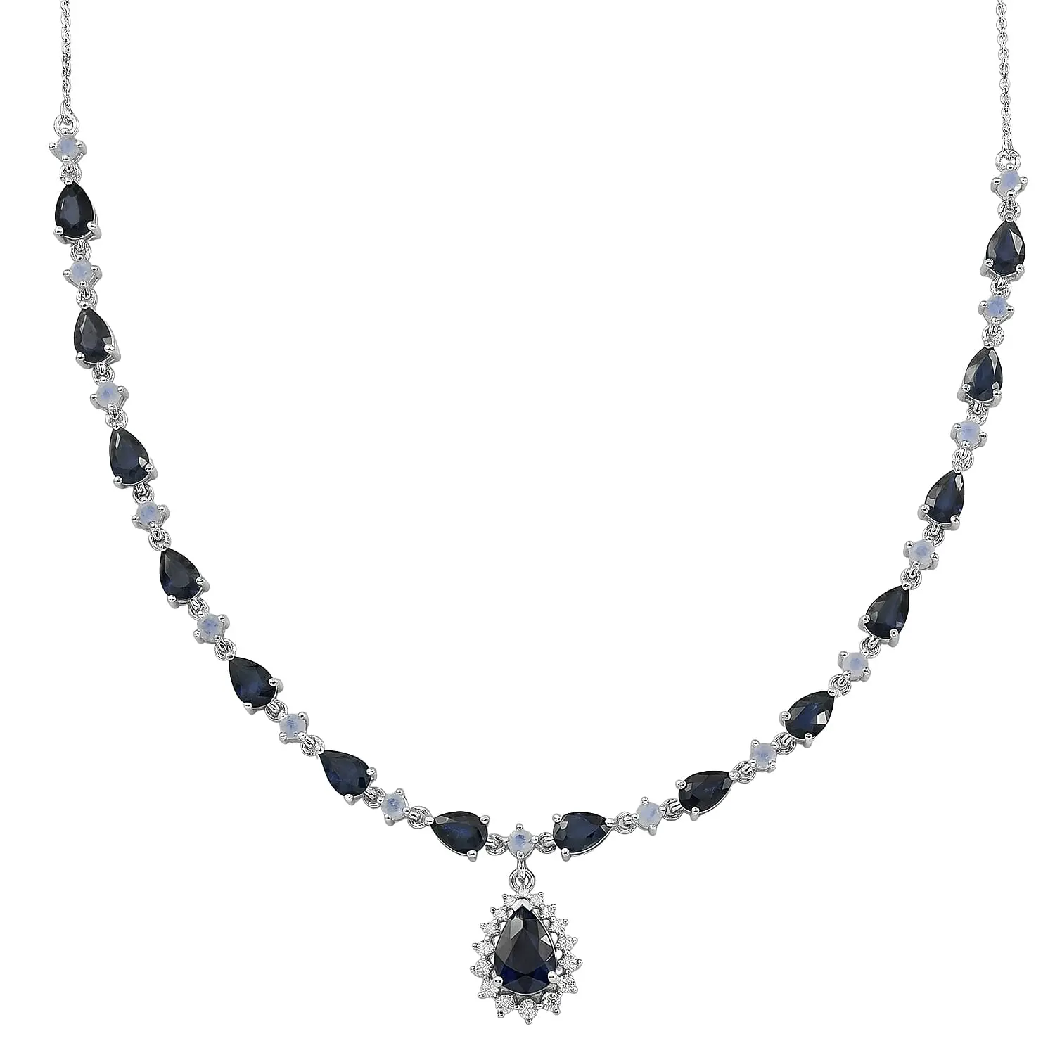 D'Joy Premium Madagascar Blue Sapphire (DF), Multi Gemstone Necklace (18 Inches) in Rhodium Over Sterling Silver 10.90 ctw