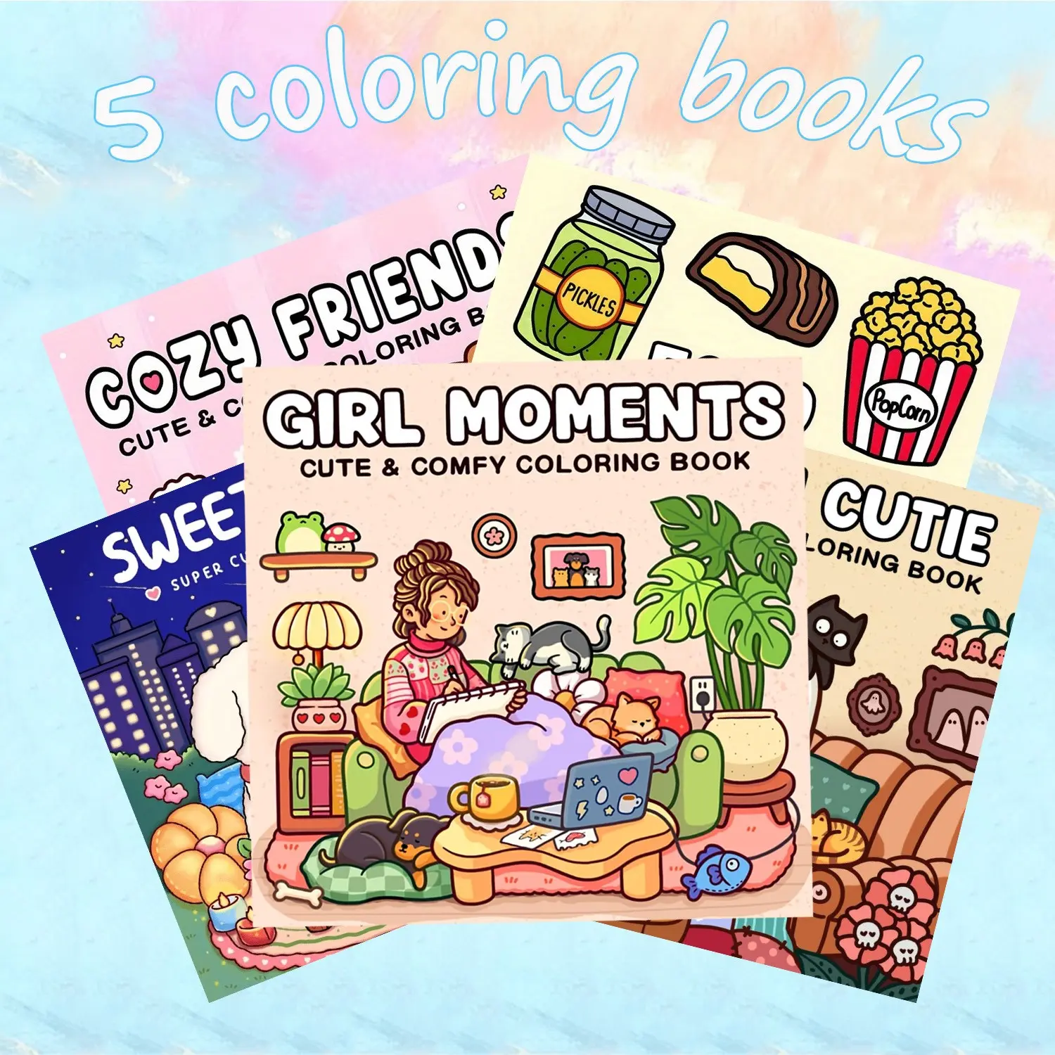 5-Piece GIRL MOMENTS|SWEETHEART|SPOOKY CUTIE|FOOD DRINK SWEETS|COZY FRIENDS| Lovely Coloring Book for Adults and Teens With