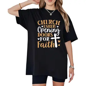 Black Crew Neck T-Shirt Featuring Faith Words 'CHURCH,' 'USHER,' & 'DOORS' with Heart Accents