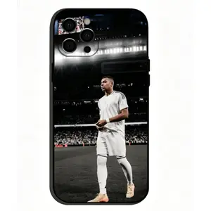 Cool Mbappe pattern liquid crystal phone case, black soft case for iPhone 17, 16, 15, 14, 13, and 12.