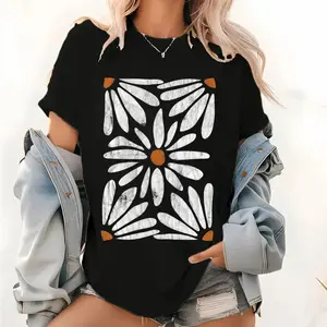 Boho Daisy Botanical Vintage T-Shirt Womenswear Casual Cotton Fabric Knit