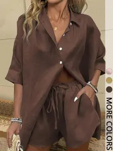 2 Piece Women's Summer Linen Feel Loose Set, Brown Button Down Shirt & Shorts Lounge Outfit