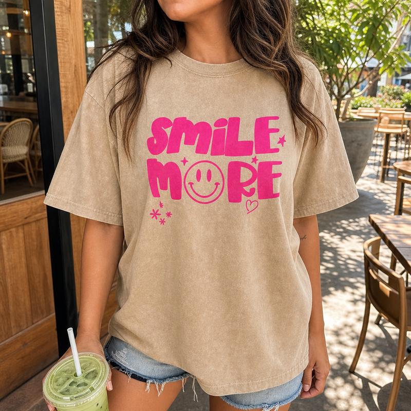 Women's Blush Pink Crew Neck Short Sleeve Graphic T-Shirt - Drop-Shoulder, Loose-Fit, "Smile More" Design, Preppy Retro Casual Top Apparel
