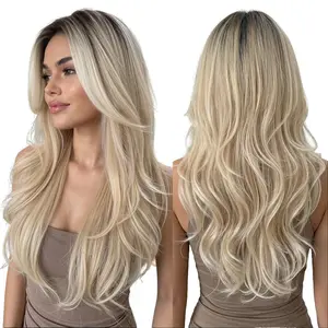 EMMOR  New Gradient Platinum Long Curly Wig, Curtain Bangs Fluffy Natural High Temperature Fiber deep wave 13x6