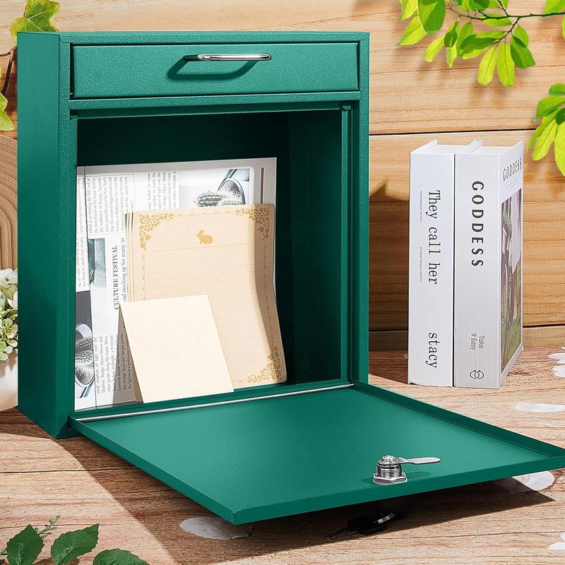 Locking Mailbox with Key for Outdoor 12 x 10.5 x 4.7 Inches Large Wall Mount Mail Box with Lock  Mail Drop Metal Collection Boxes Hanging Secure Postbox(Green)