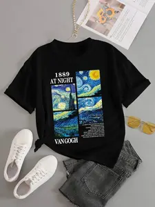 Van Gogh Starry Night Short Sleeve T-Shirt, Artistic Print, Casual Loose-Fitting, H-Type Silhouette, Long Clothing, China Made