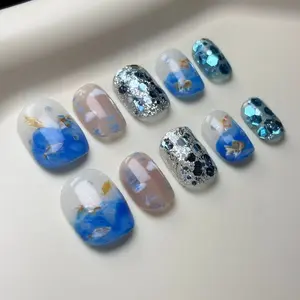 10pcs Cute Summer Hand-Painted Koi Fish Press on Nails, Removable Reusable Manicure, Fresh Beach Decor for Ladies, Daily & Vacation Wear