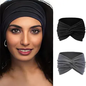 Women's Headscarf 2-Piece Set, Boho Style Headband with Ties, Unisex Retro Soft Elastic Hairband (Black + Gray), Head Wrap