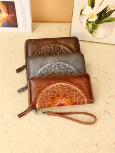 Retro Long Women's Wallet with Embossed Patterns, Multi-Card Holder Document Organizer, Commute Cash & Card Clutch Bag, Vertical Folding Wallet, Money Organizer, Flower Pattern Wallet