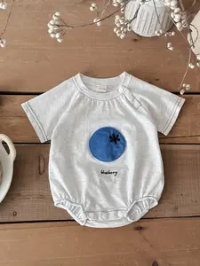 Baby Blueberry Patchwork Short Sleeve Romper, Newborn Soft Triangle Onesie, Summer Loose-Fitting Cute Clothing for Infants