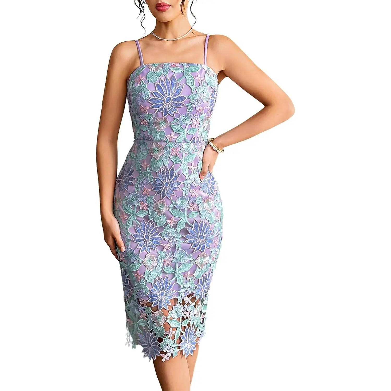 Women's Purple Crochet Floral Embroidered Sleeveless Backless Bodycon Summer Wedding Guest Cocktail Party Prom Midi Dress