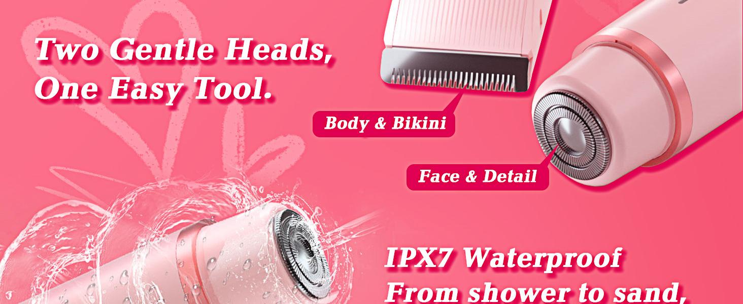 Bikini Trimmer for Women, Electric Shaver and Razor Rechargeable 2-in-1 Body and Facial Epilator, Dual Heads for Painless Trimming of Pubic Hair, Face, Underarms and Legs, Summer Gift dual-head