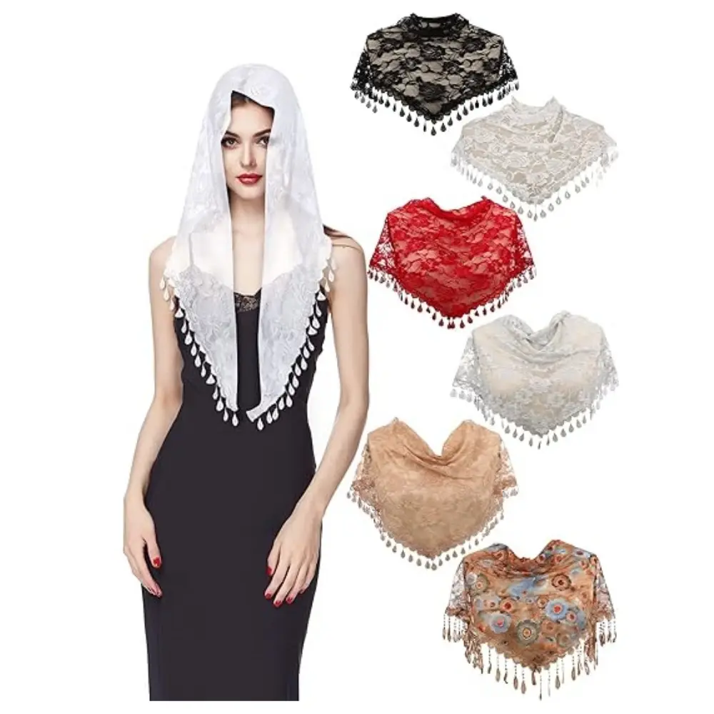 Pack of 6 Catholic Triangle Church Veil Mass Lace Women Wedding Shawl Floral Scarf Head Covering for Cathedral (58.27x18.9 Inches)