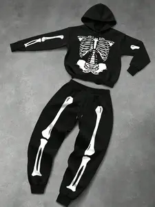 Fall outfits ,Men's Hoodie Set with Skeleton Print, Dark Trendy Style for Halloween & Fall, Unique Cool Look for Casual Wear