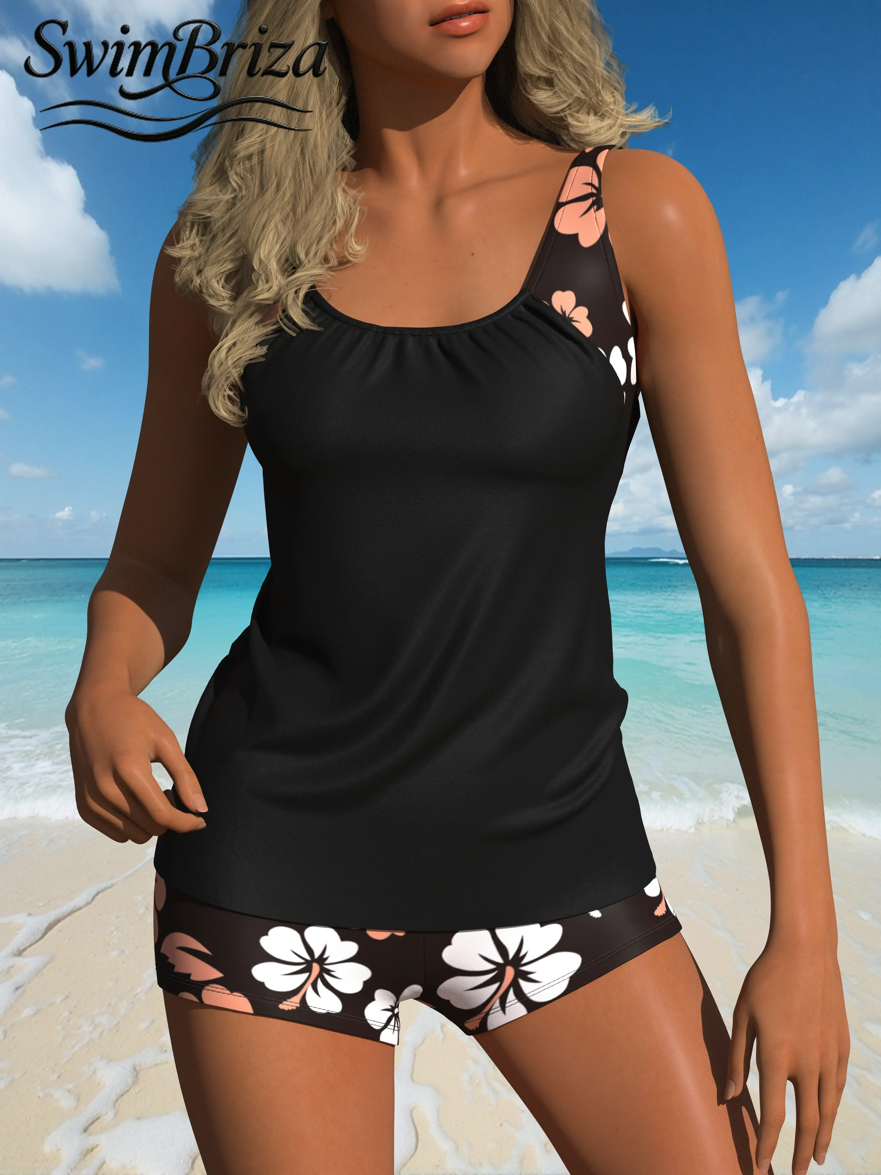 Briza｜Soft Stretch Blouson Tankini With Shorts In Black Floral Print, A Tankini Swimsuits Set Two-Piece Swimsuit With Swim Shorts Set Women, Swimsuits Tummy Control Bathing Suit Women For Vacation Swimwear For Women, Modest Beach Confidence