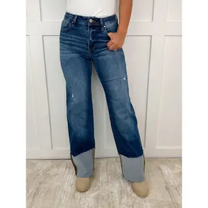 Risen April Distressed High-Rise Wide Leg Dark Wash Blue Jeans