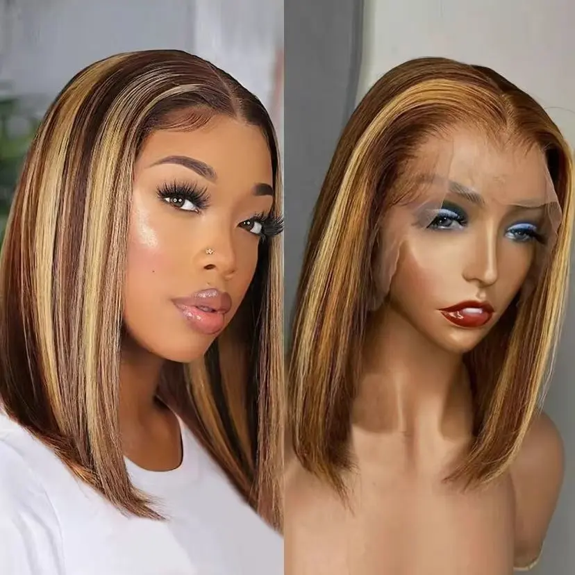 Shewell Glueless Wear and Go Bob, 4/27 Highlight 13x4 HD Lace Front Human Hair Wig for Women with Pre-Bleached Knots, 180% Density, Frontal Hd Lace, Glueless Lace Wigs
