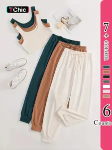 Women's Plain Pajama Pants Set, Girl Nightwear, Basic Fitted Crop Tank Top & Tie Front Elastic Waist Lounge Pants Pj Set, Summer Homewear & Sleepwear, Summer Loungewear 2024, Womenswear