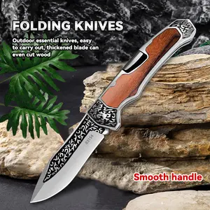 A foldable kitchen meat-cutting knife, also suitable for fruits and vegetables. It has a wooden handle with 3D carved patterns and comes with a back clip. It is safe, compact, and easy to carry, suitable for home use, camping, and barbecuing.