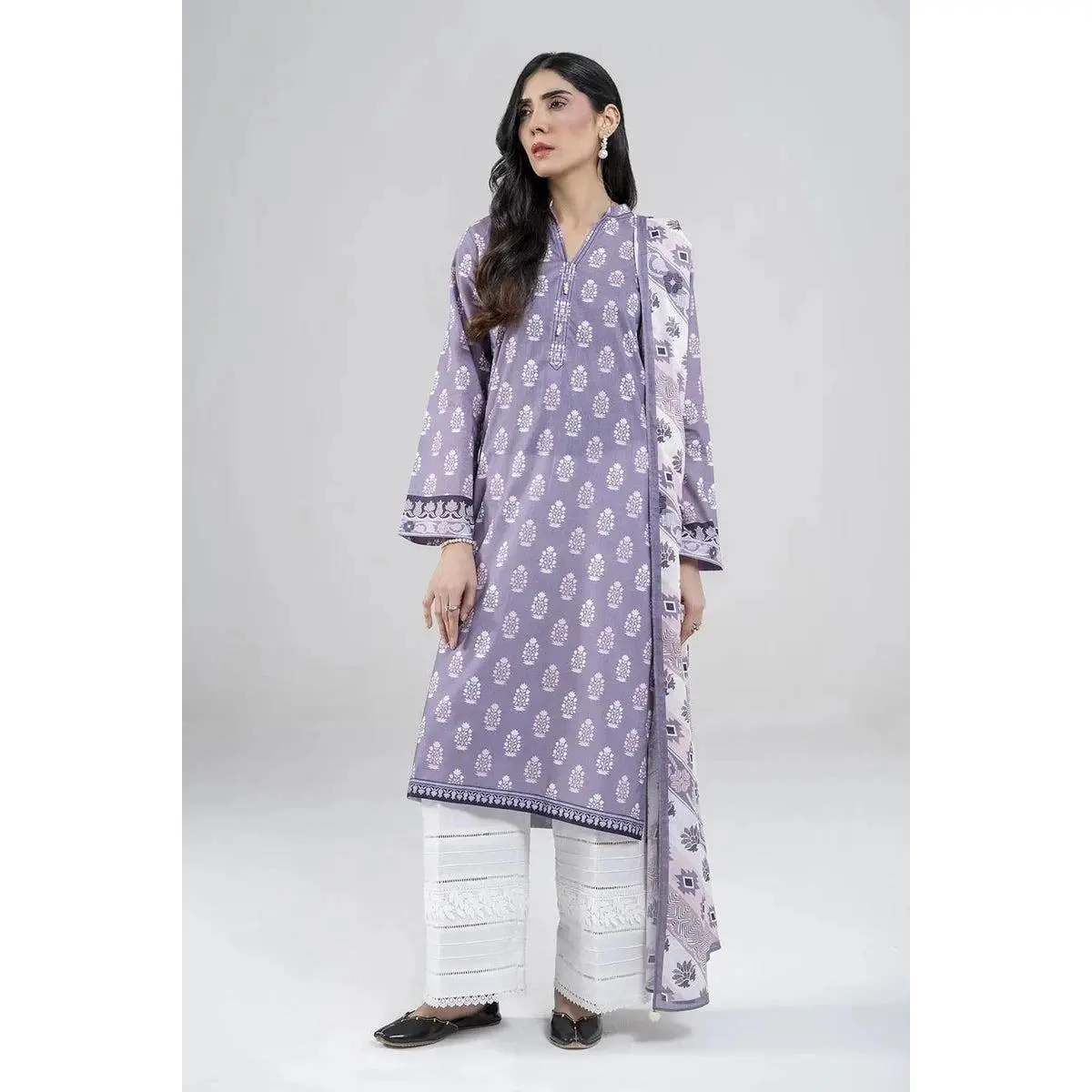 Women's Printed Lawn Suit, 2-Piece Stitched Shirt and Dupatta Set in Lavender, Breathable Clothes for Effortless Elegance