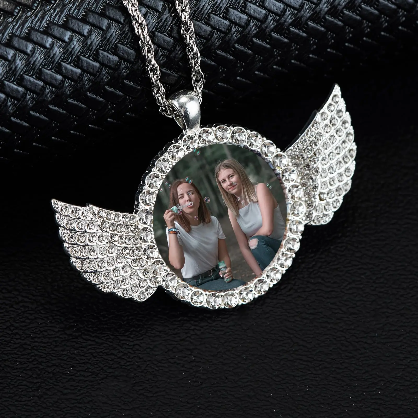 Custom Photo Angel Wings Pendant, Hip Hop Personalized Jewelry for Men & Women, Cubic Zirconia with 20-Inch Stainless Steel Chain & Link