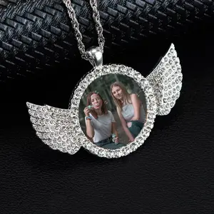 Custom Photo Wings Circle Necklace Personalized Image Wings Necklace Hip Hop Rapper Gift for Women Men Jewelry Cubic Zirconia Copper 316L Stainless Steel Chain Unisex Casual Daily Wear