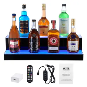VEVOR LED Lighted Liquor Bottle Display, 2 Tiers 24 Inch Commercial Illuminated Home Bar Shelf, 2 Steps Whiskey Rack Stand, Acrylic Drink Shelves with RF Remote & App Control, and Multicolor lighting