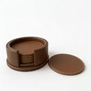 Set of 6 round leather coasters (with storage rack), waterproof heat-insulating PU leather coasters, suitable for coffee tables, bars, home decor, and housewarming gifts