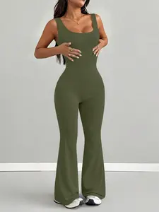 Women's Square Neck Sleeveless Bell Bottom Romper, Elastic High Waist, Casual Retro Style, Perfect for Daily Wear, Parties, Vacations, Slimming and Versatile