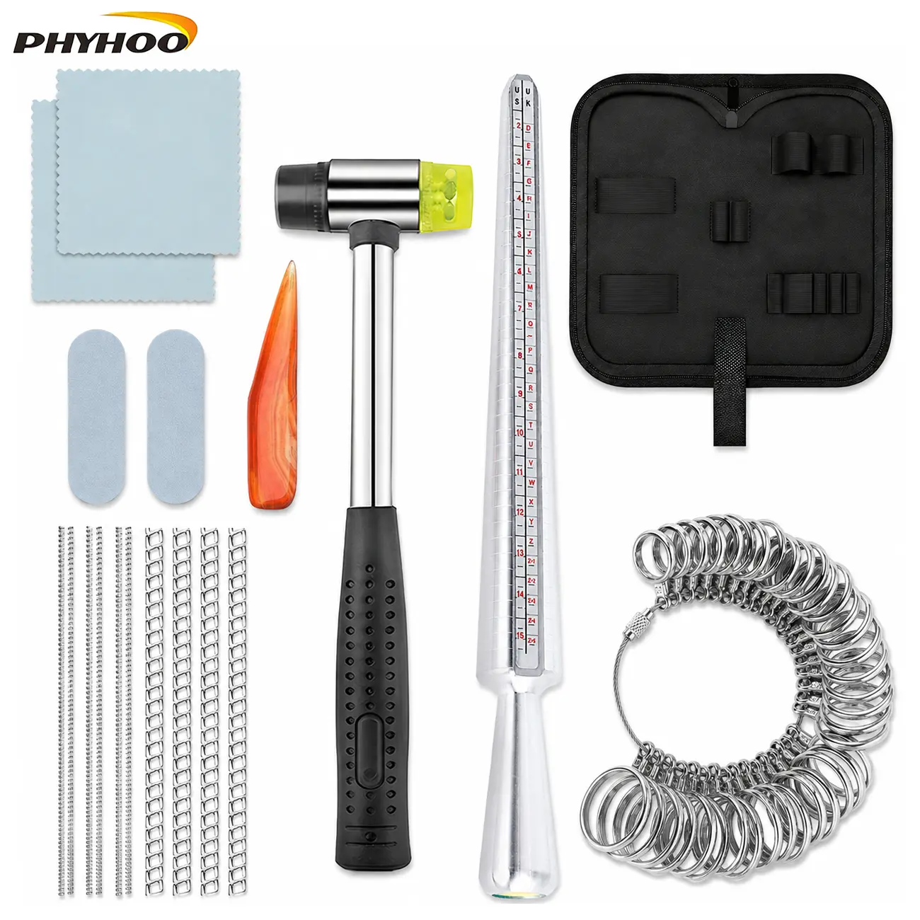 Jewelry Ring Making & Repair Tool Kit with Storage Case, Ring Mandrel Set with Ring Sizer Gauge, Rubber & Plastic Hammer, Burnisher and Polishing Tools