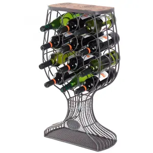 Vintiquewise QI003568 25 x 8.25 x 7.5 in. Freestanding Floor Wine Rack with Wooden and Metal Goblet Design - Holds 12 Bottles and Includes Wine Cork Holder - Stylish Bar Organizer for Home, Kitchen, Dining Area and Living Room Decor